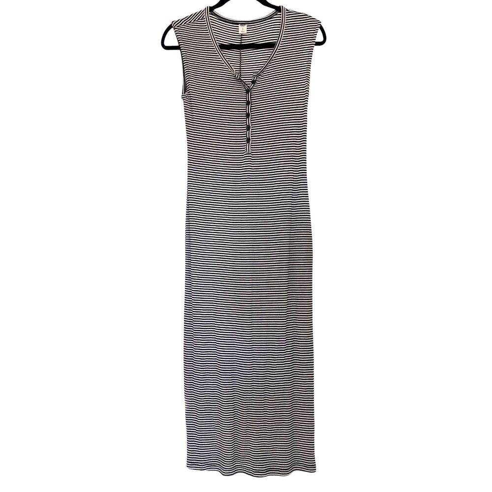 Old Navy Womens Sm Black White Striped Ribbed Henley Sleeveless Midi Dress